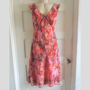 Vintage Shana Pink & Red Rose Paisley Ruffle Neck Dress 10